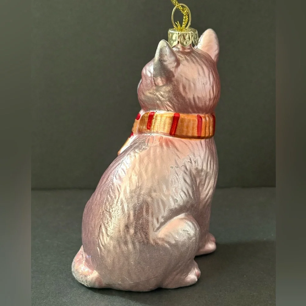 Elegant Pink Iridescent Feline Cat Striped Scarf Blown Glass Ornament Home Decor